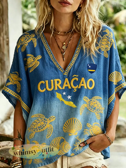 Damesretro casual top met landschapsprint en V-hals - A / S