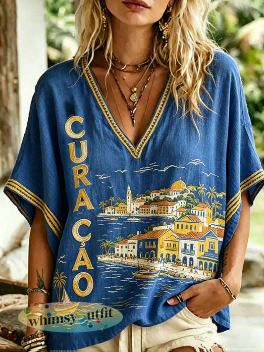 Damesretro casual top met landschapsprint en V-hals - A / S