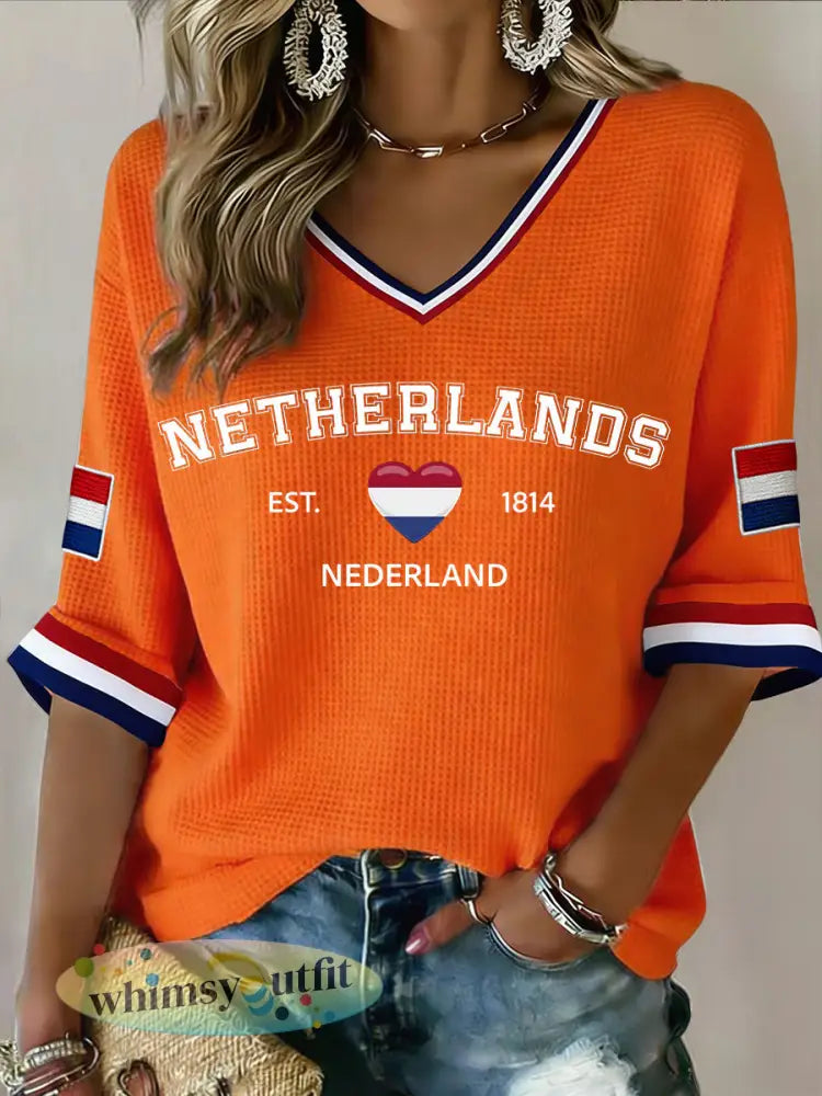 Damesretro Koninginnedag-hartprint casual wafelgeweven topje - Sinaasappel / S