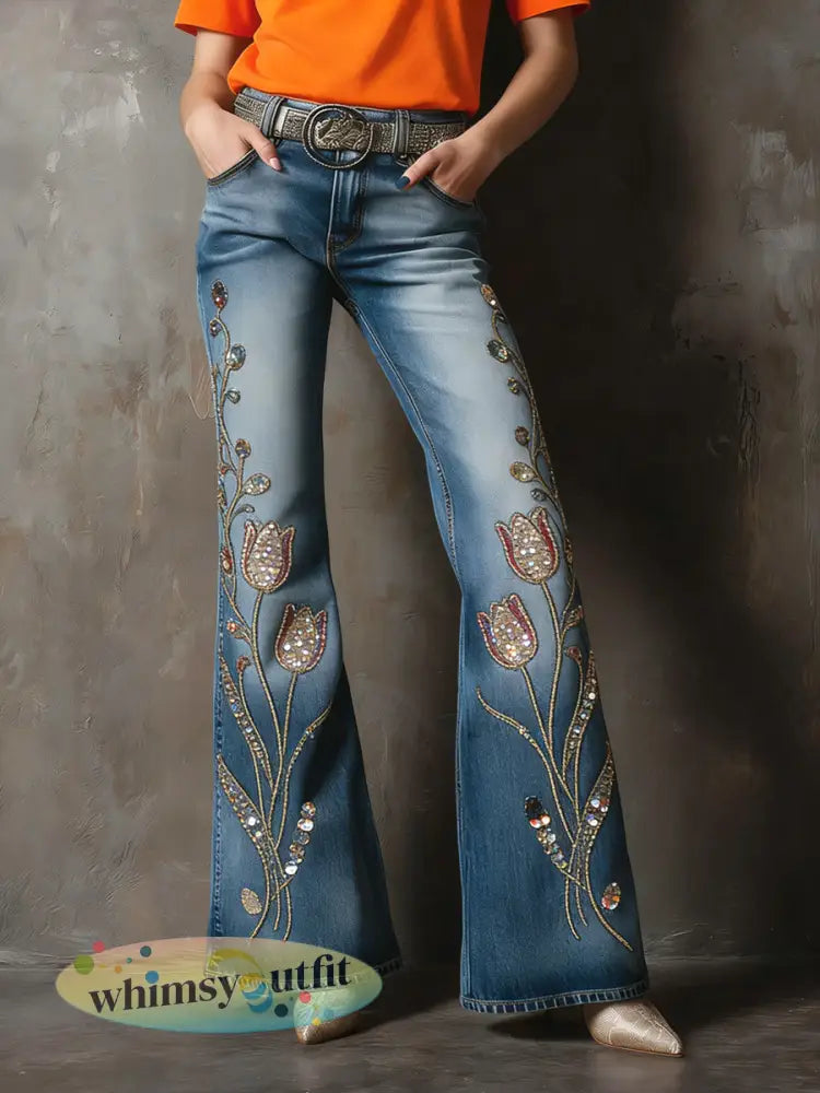 Damesretro Koninginnedag tulpenprint casual uitlopende broek - Veelkleurig / S