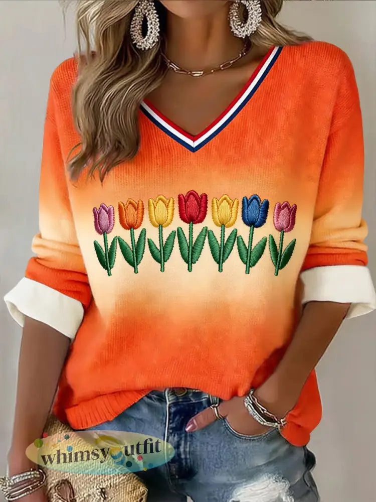 Damesretro Koninginnedag tulpverloop casual top - Sinaasappel / S