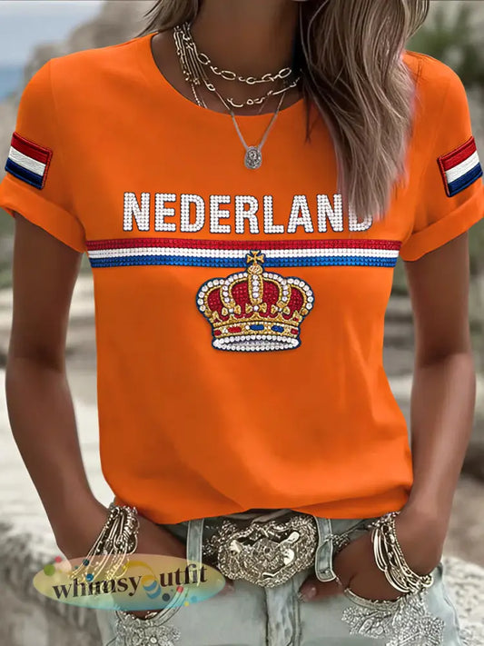 Damesretro Koninginnedagkroon casual T-shirt - Sinaasappel / S