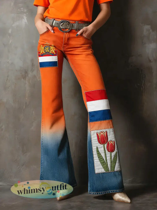 Damesretro Koningsdag artistieke casual flared broek - Veelkleurig / S