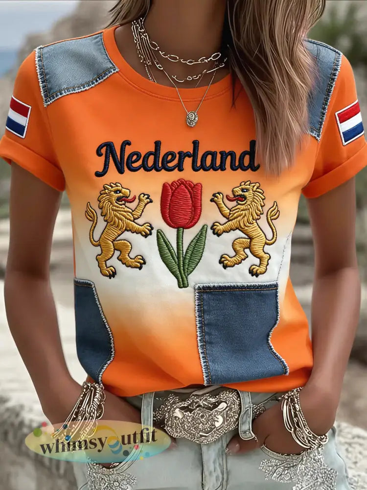 Damesretro Koningsdag-gradiënt casual t-shirt - Sinaasappel / S
