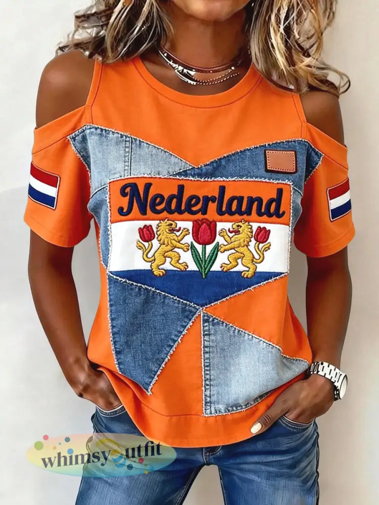 Damesretro Koningsdag patchwork casual off-shoulder t-shirt - Sinaasappel / S