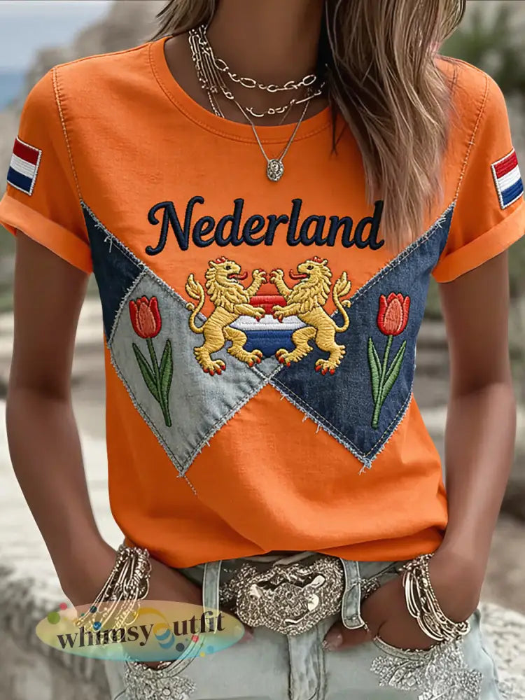 Damesretro Koningsdag patchwork casual T-shirt - Sinaasappel / S