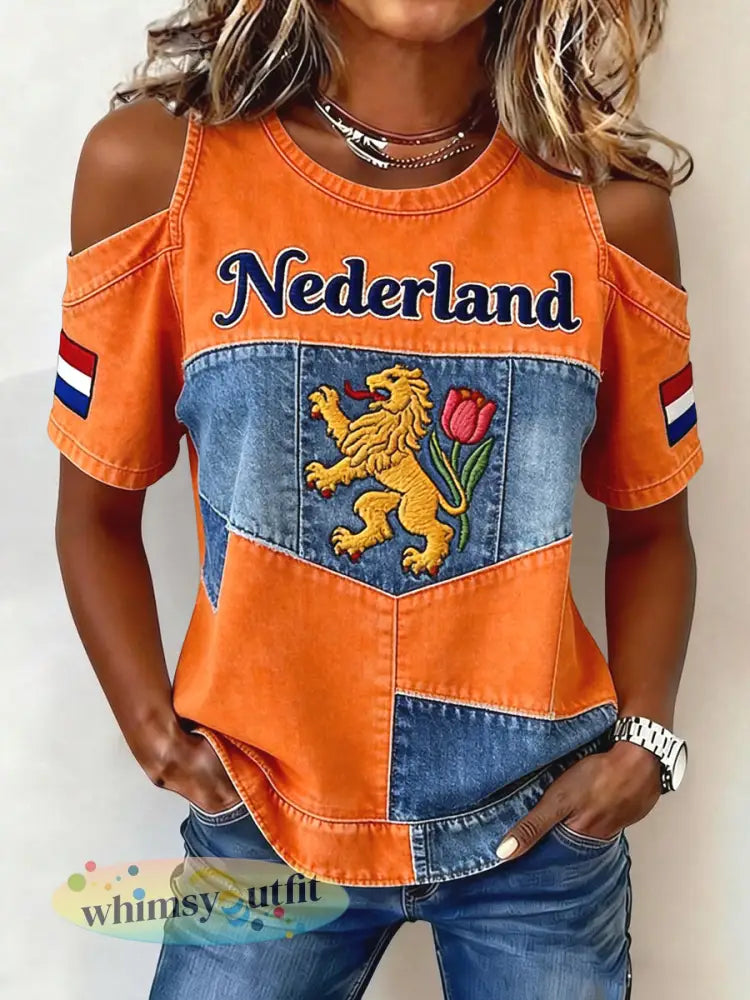 Damesretro Koningsdag-t-shirt met off-shoulder en casual stijl - Sinaasappel / S