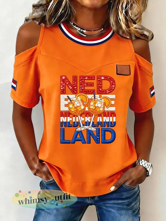 Damesretro Koningsdag-t-shirt met off-shoulder en casual stijl - Sinaasappel / S