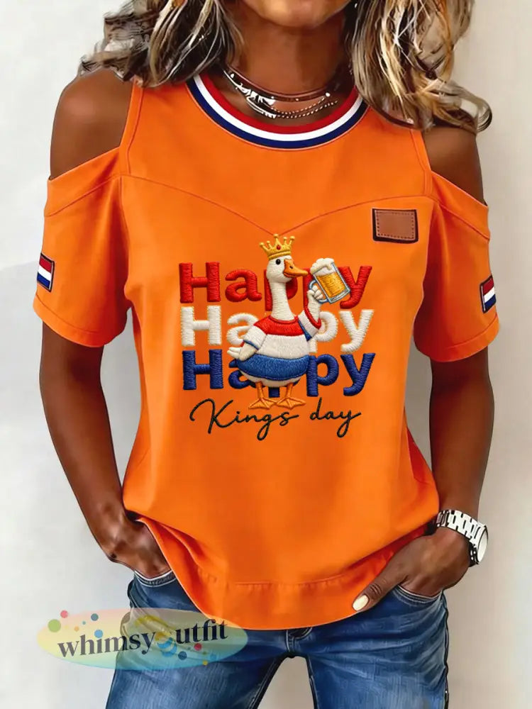 Damesretro Koningsdagbier casual schouderloos t-shirt - Sinaasappel / S