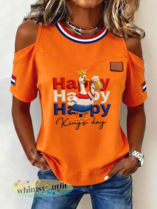 Damesretro Koningsdagbier casual schouderloos t-shirt - Sinaasappel / S