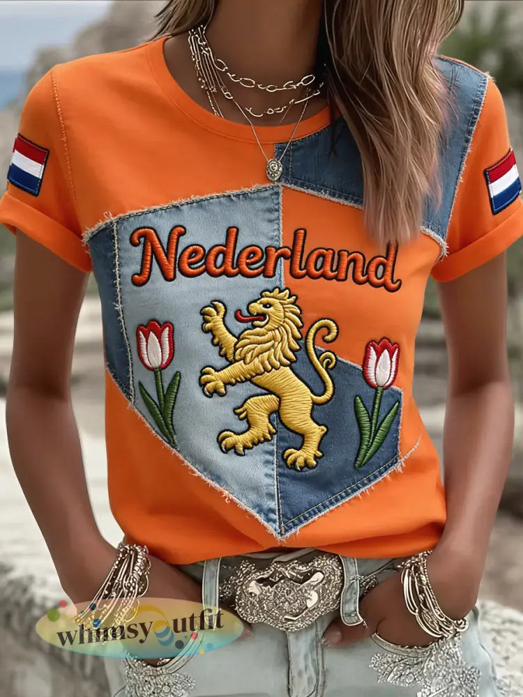 Damesretro koningsdagleeuw casual t-shirt - Sinaasappel / S