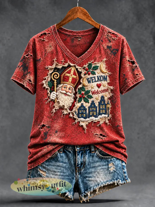 Damesretro Nederlands Sinterklaasdag versleten print casual T-shirt met V-hals - Rood / S
