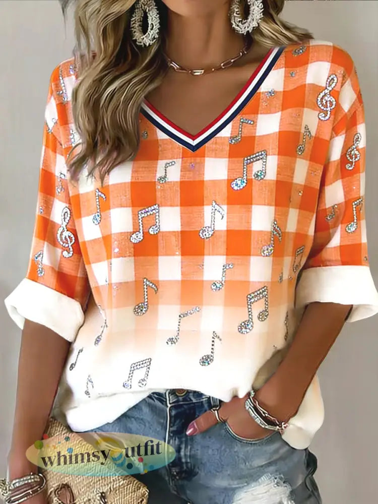 Damesretro Nederlandse muziekfestival geruit casual T-shirt met V-hals - Sinaasappel / S