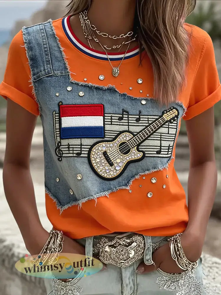 Damesretro Nederlandse muziekfestival patchwork casual T-shirt met V-hals - Sinaasappel / S
