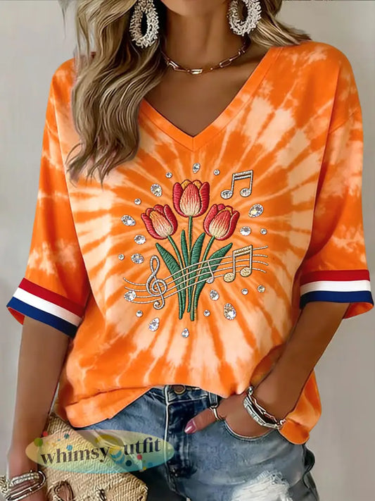 Damesretro Nederlandse muziekfestival tie-dye casual t-shirt met v-hals - Sinaasappel / S