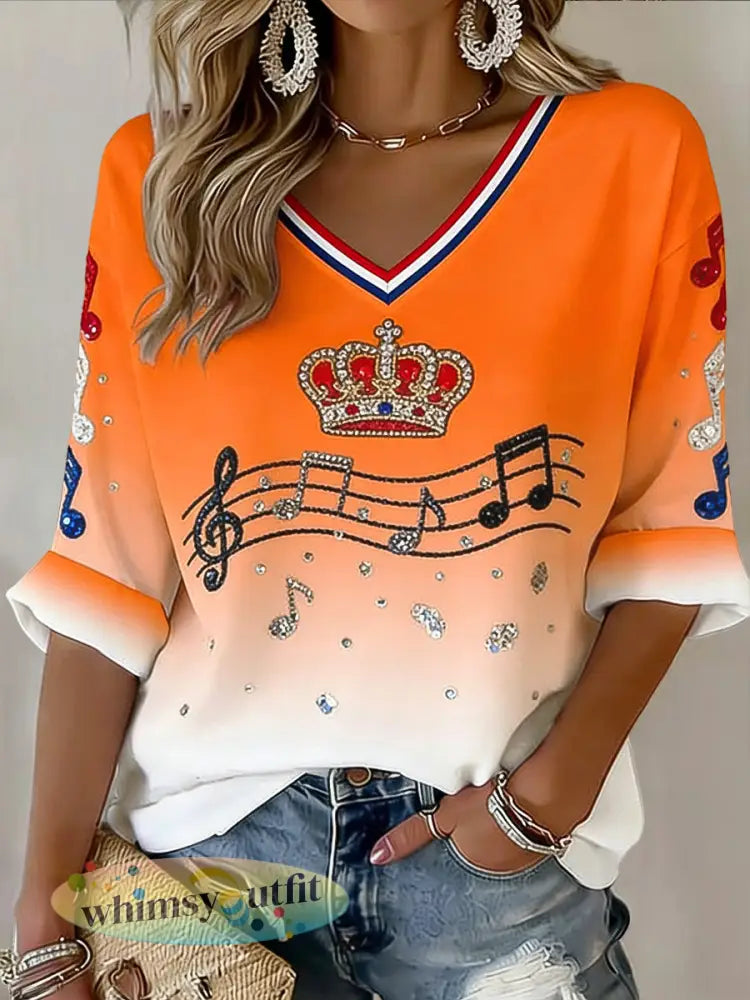 Damesretro Nederlandse muziekfestivalkroon casual t-shirt met V-hals - Sinaasappel / S