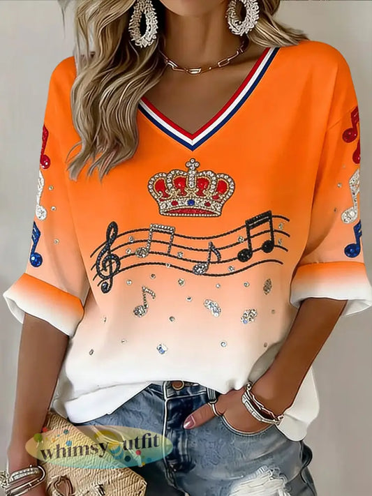Damesretro Nederlandse muziekfestivalkroon casual t-shirt met V-hals - Sinaasappel / S