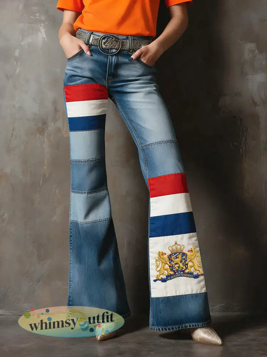 Damesretro Nederlandse patchwork artistieke casual flared broek - Veelkleurig / S