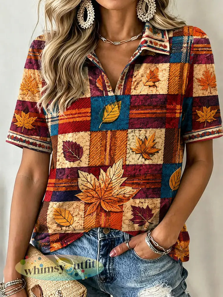 Damesretro Nederlandse poloshirt met halloweenruitjesprint en v-hals casual stijl - Veelkleurig / S