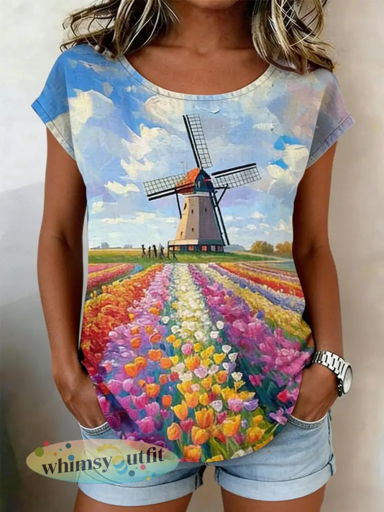 Damesretro olieverfschilderij molen tulpprint casual shirt met korte mouwen