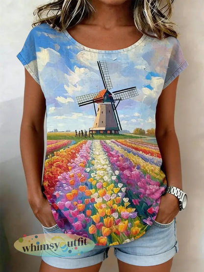 Damesretro olieverfschilderij molen tulpprint casual shirt met korte mouwen