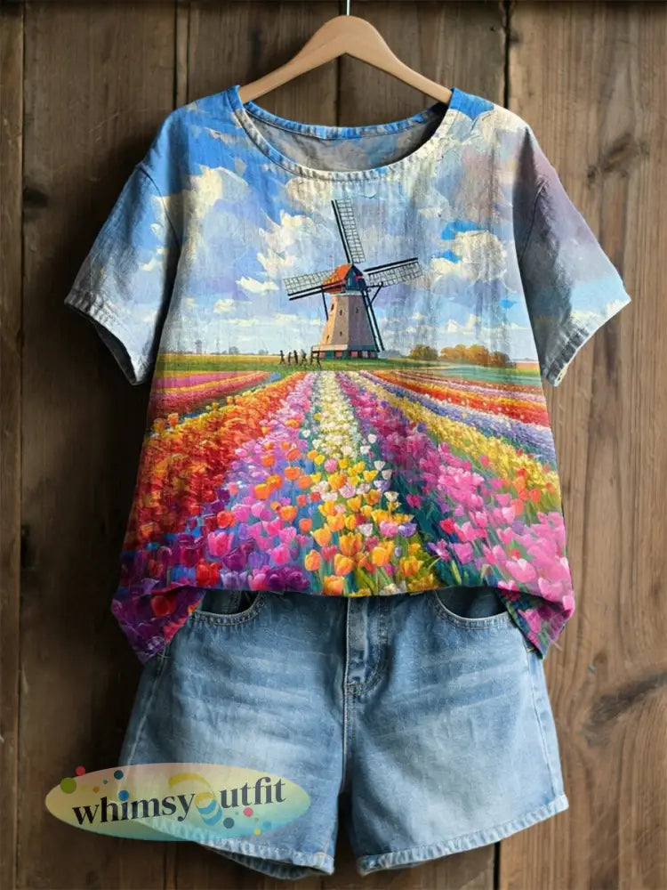 Damesretro olieverfschilderij molen tulpprint casual shirt met korte mouwen - als foto / S