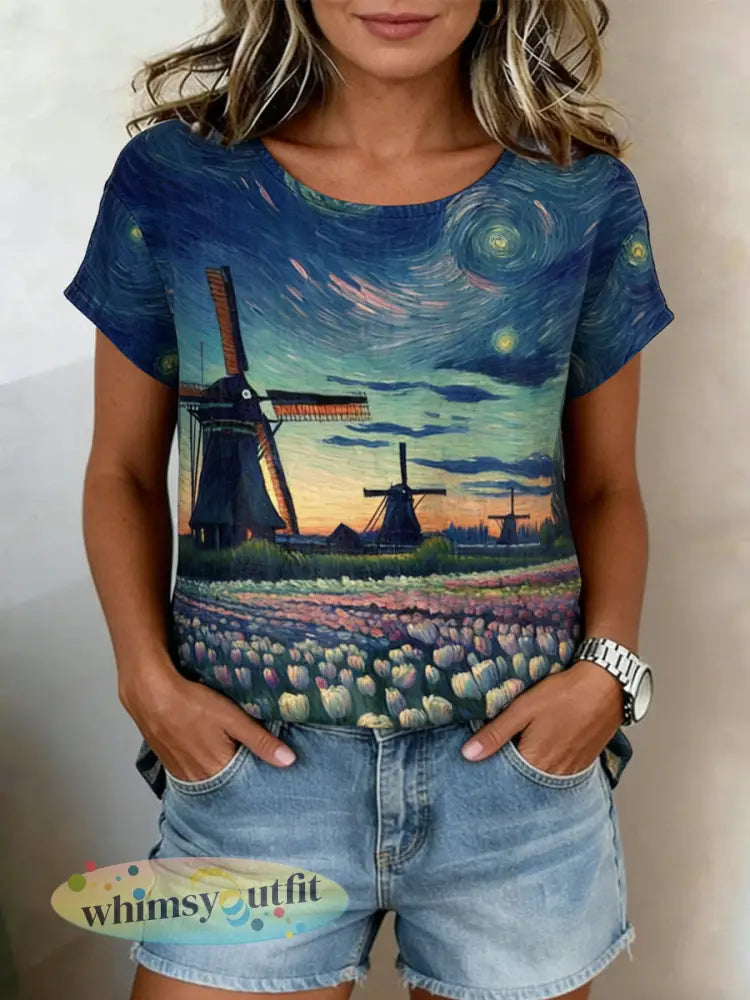 Damesretro olieverfschilderij sterrenhemel windmolen tulpprint casual shirt met korte mouwen