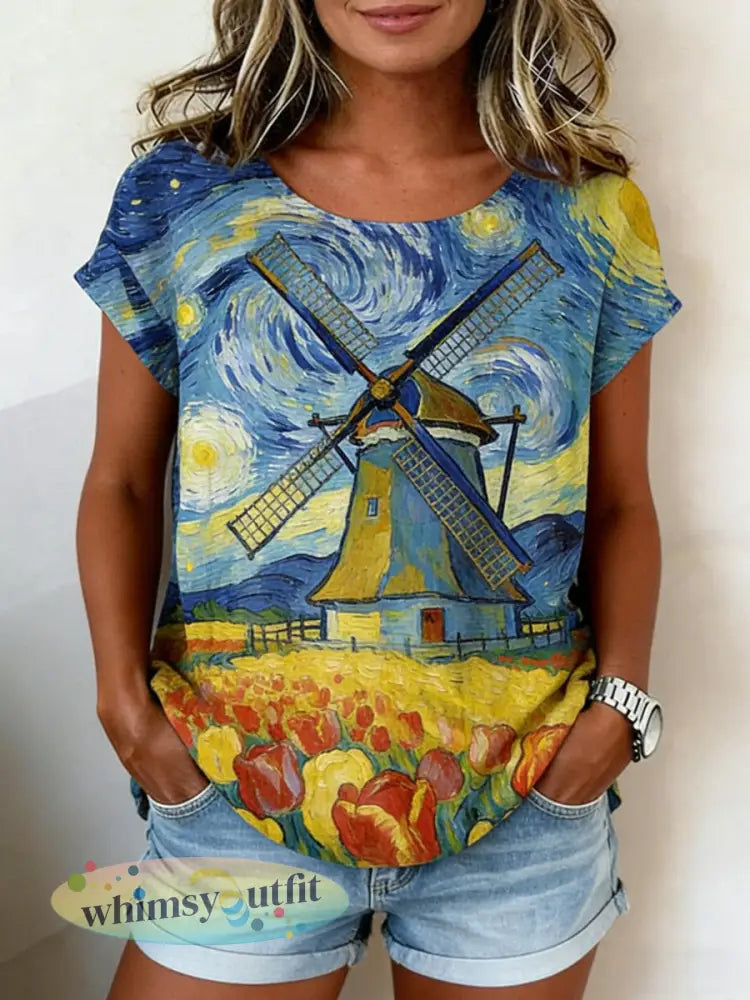 Damesretro olieverfschilderij sterrenhemel windmolen tulpprint casual shirt met korte mouwen