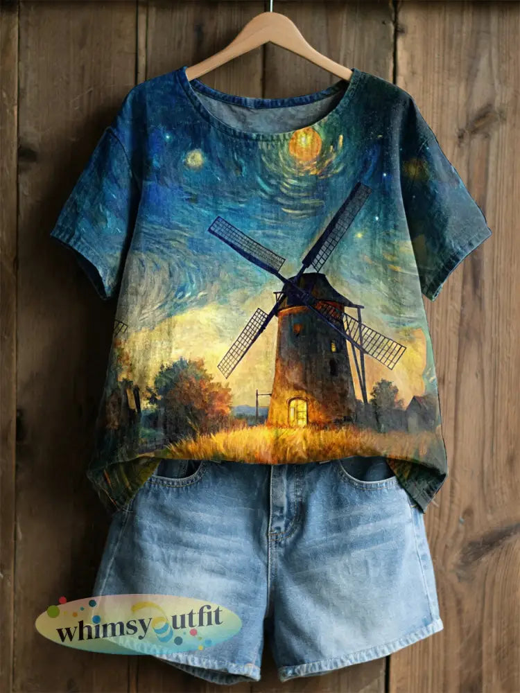Damesretro olieverfschilderij sterrenhemel windmolen tulpprint casual shirt met korte mouwen - als foto / S