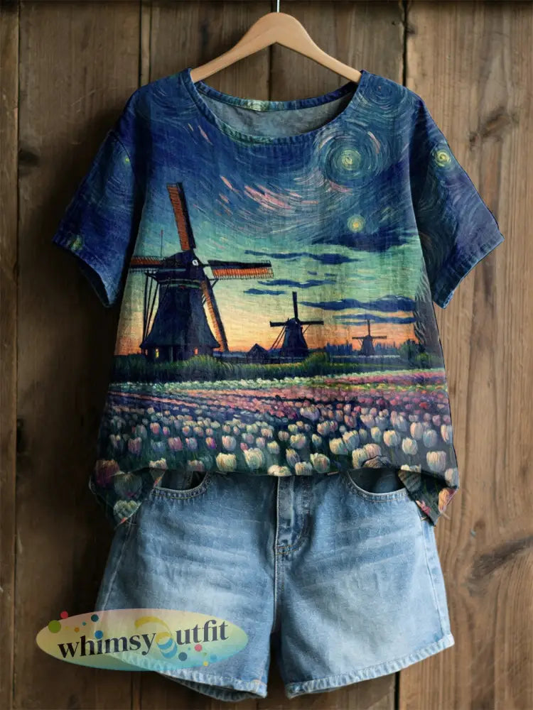 Damesretro olieverfschilderij sterrenhemel windmolen tulpprint casual shirt met korte mouwen - als foto / S