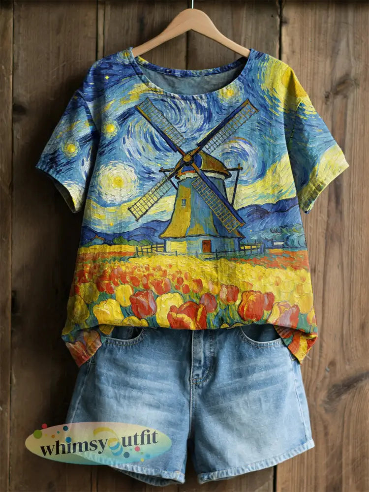 Damesretro olieverfschilderij sterrenhemel windmolen tulpprint casual shirt met korte mouwen - als foto / S