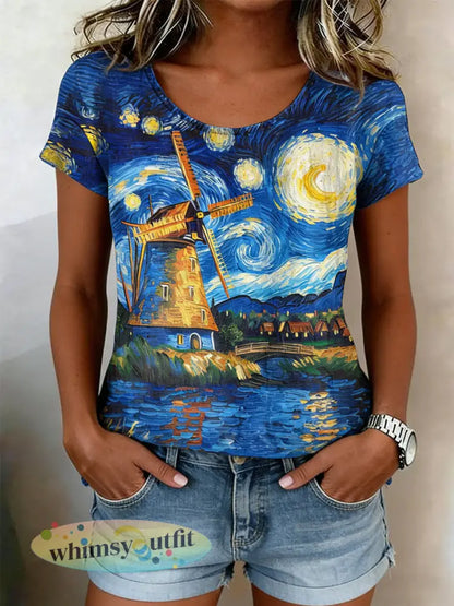 Damesretro olieverfschilderij sterrenhemel windmolenprint casual shirt met korte mouwen