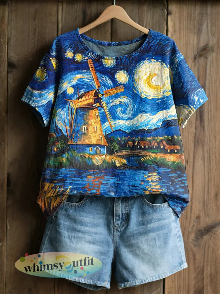 Damesretro olieverfschilderij sterrenhemel windmolenprint casual shirt met korte mouwen - als foto / S