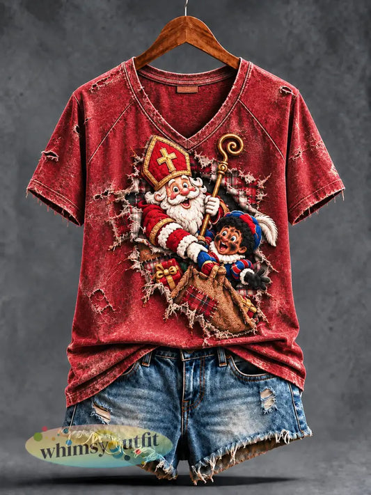 Damesretro rood Nederlands Sinterklaasprint casual T-shirt met V-hals - Rood / S