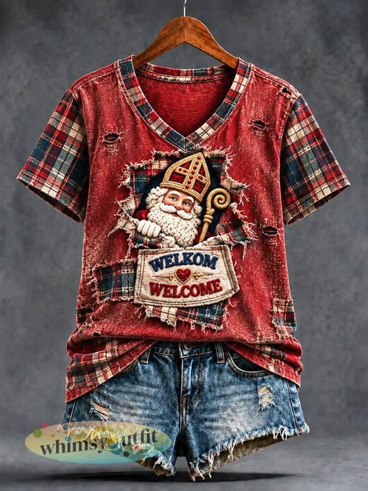 Damesretro T-shirt met kerstmanprint patchworkstijl en v-hals voor dagelijks gebruik - Rood / S