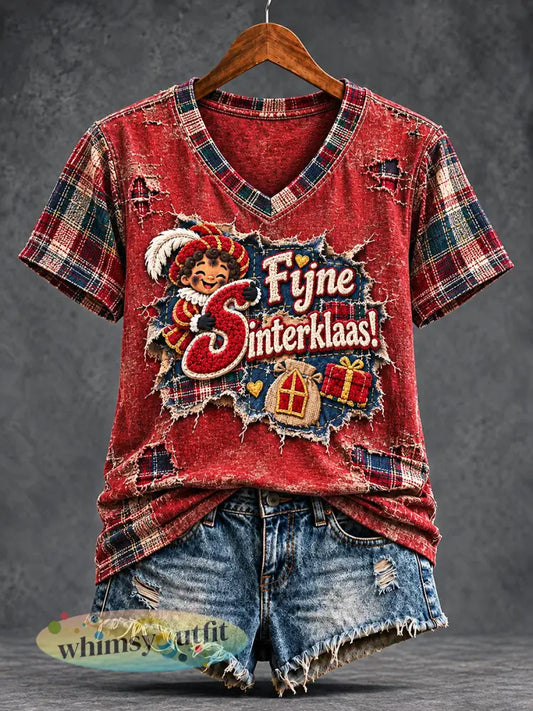 Damesretro T-shirt met ruitpatroon en patchworkprint voor Sinterklaas casual model met V-hals - Rood / S