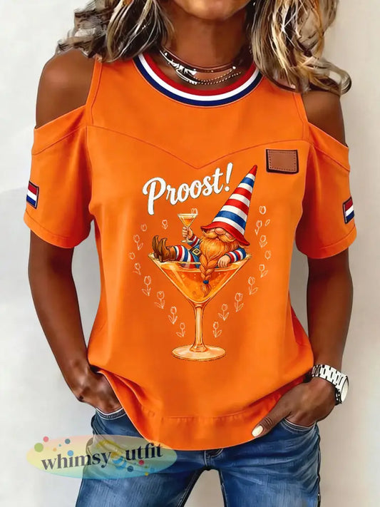 Damesretro T-shirt voor Koningsdag vrijetijdsstijl schouderloos - Sinaasappel / S