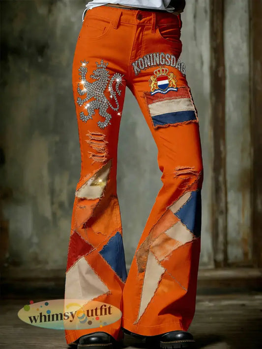 Damesretro vrijetijdsspijkerbroek met Koningsdagprint - A / S