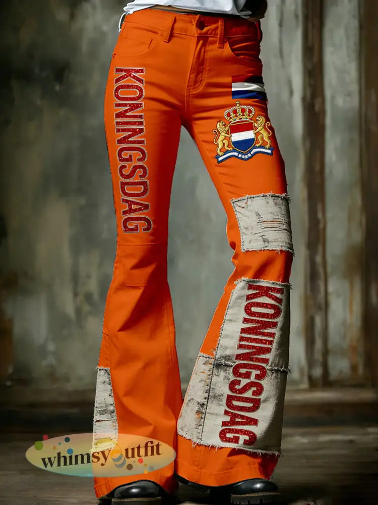 Damesretro vrijetijdsspijkerbroek met Koningsdagprint - A / S