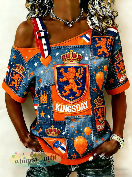 Damesretro vrolijke Oranjekleding casual top met off-shoulder neckline - A / S