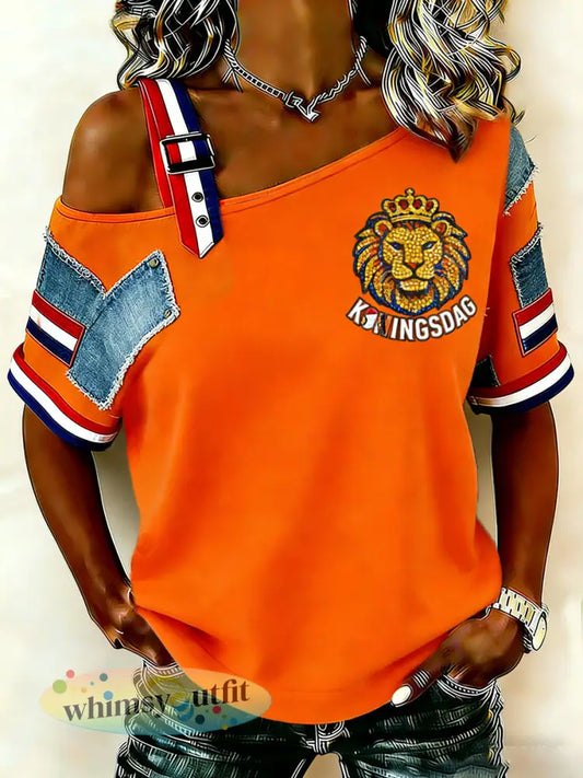 Damesretro vrolijke Oranjekleding casual top met off-shoulder neckline - A / S