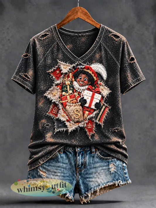 Damesretro zwart Nederlands Sinterklaasdag versleten print casual T-shirt met V-hals - Zwart / S