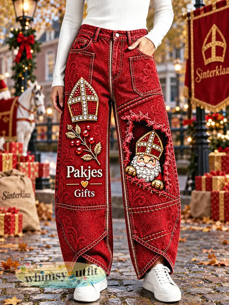 Damesrode Nederlandse Sint-Nicolaasdagprint casual broek - Rood / S