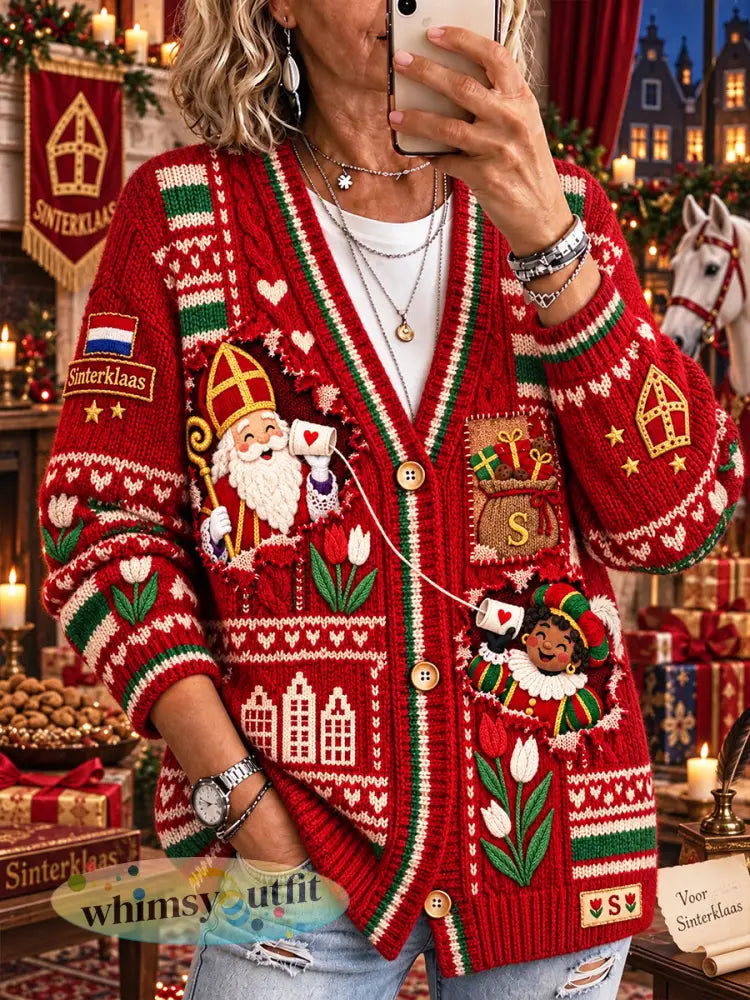 Damesrode Nederlandse Sint-Nicolaasdagprint casual V-hals vest - Rood / S