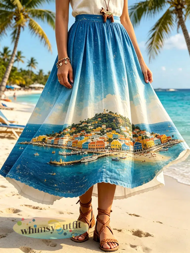 Damesrok in vintagestijl met landschapsprint casual - A / S