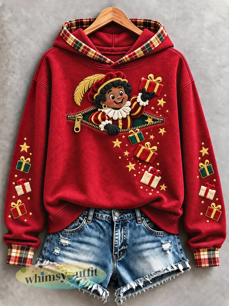 Damesrood Nederlands Sint-Nicolaasfeest Zwarte Piet-print casual sweatshirt met capuchon - Rood / S