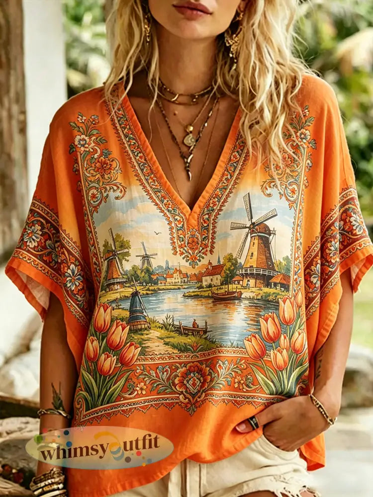 Damesshirt in vintagestijl met V-hals en schilderachtige tulpendessin - A / S