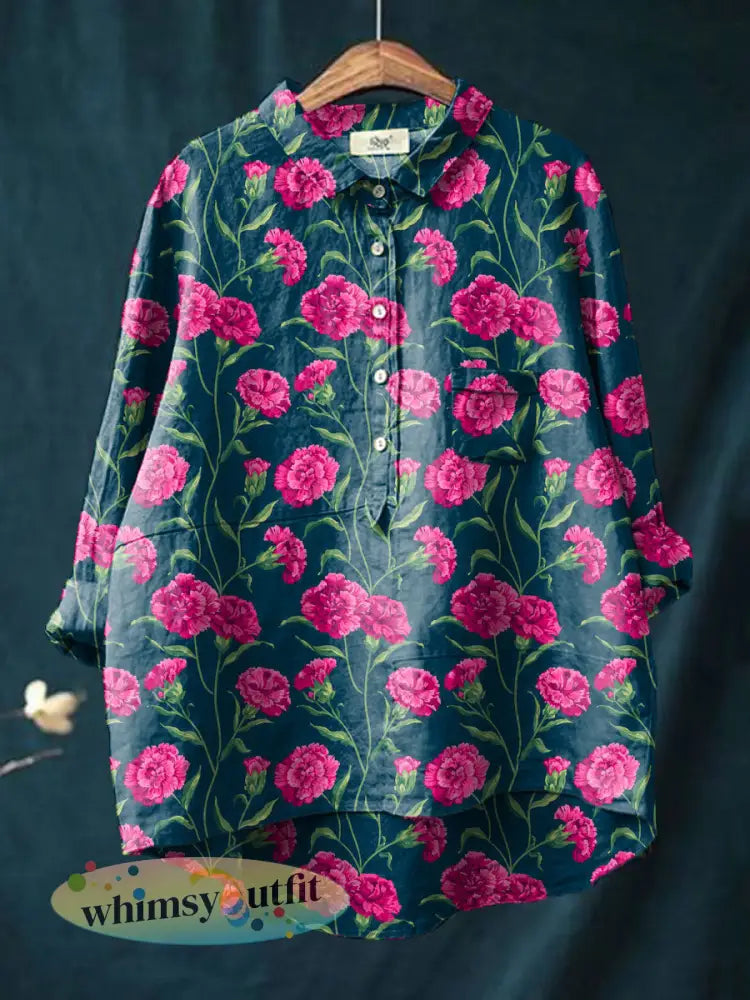 Damesshirt met bloemen en anjers bedrukt voor Moederdag - Marineblauw / S