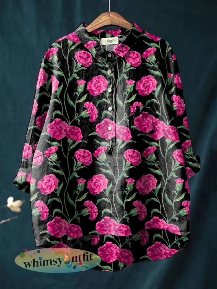 Damesshirt met bloemen en anjers bedrukt voor Moederdag - Zwart / S