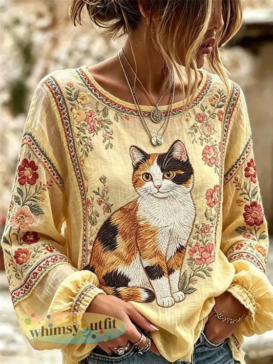 Damesshirt met kattenborduurwerk en print - als foto / S